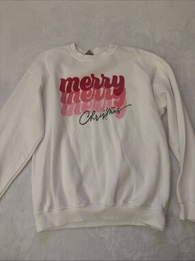 Gildan White Sweatshirt with Red and Pink "Merry Christmas" Graphic